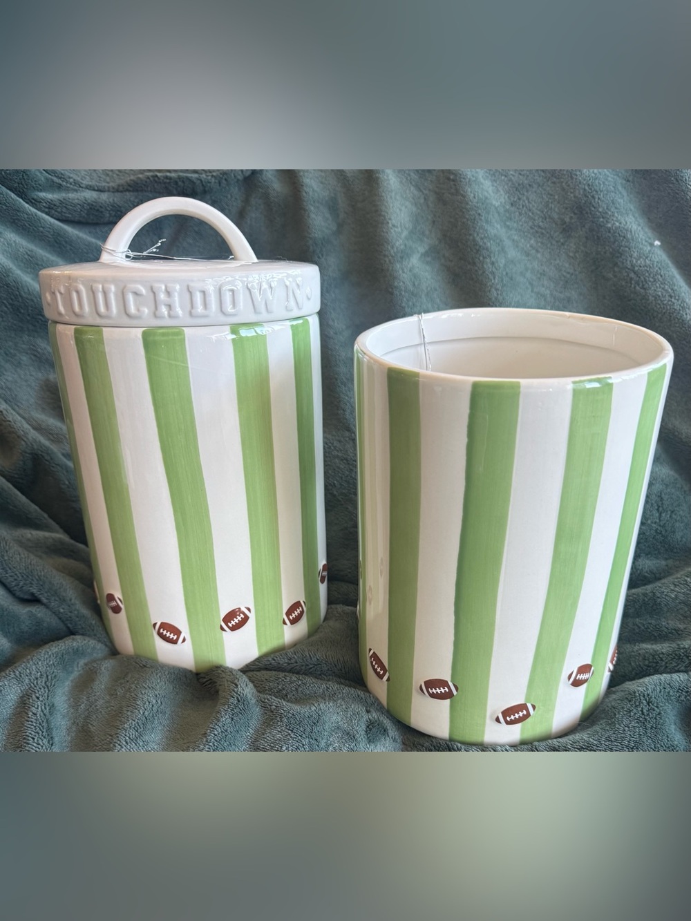 10 Strawberry St. Football Striped Cookie Jar/Canister & Utensil Holder Set NWT